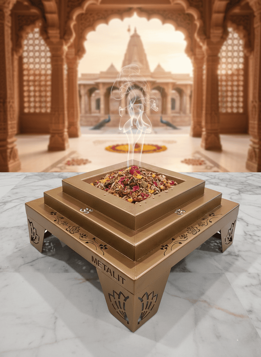 Beautifully designed traditional energy vessel, which helps you increase the level of spirituality in every Puja that you do. artisanal Hawan kunds