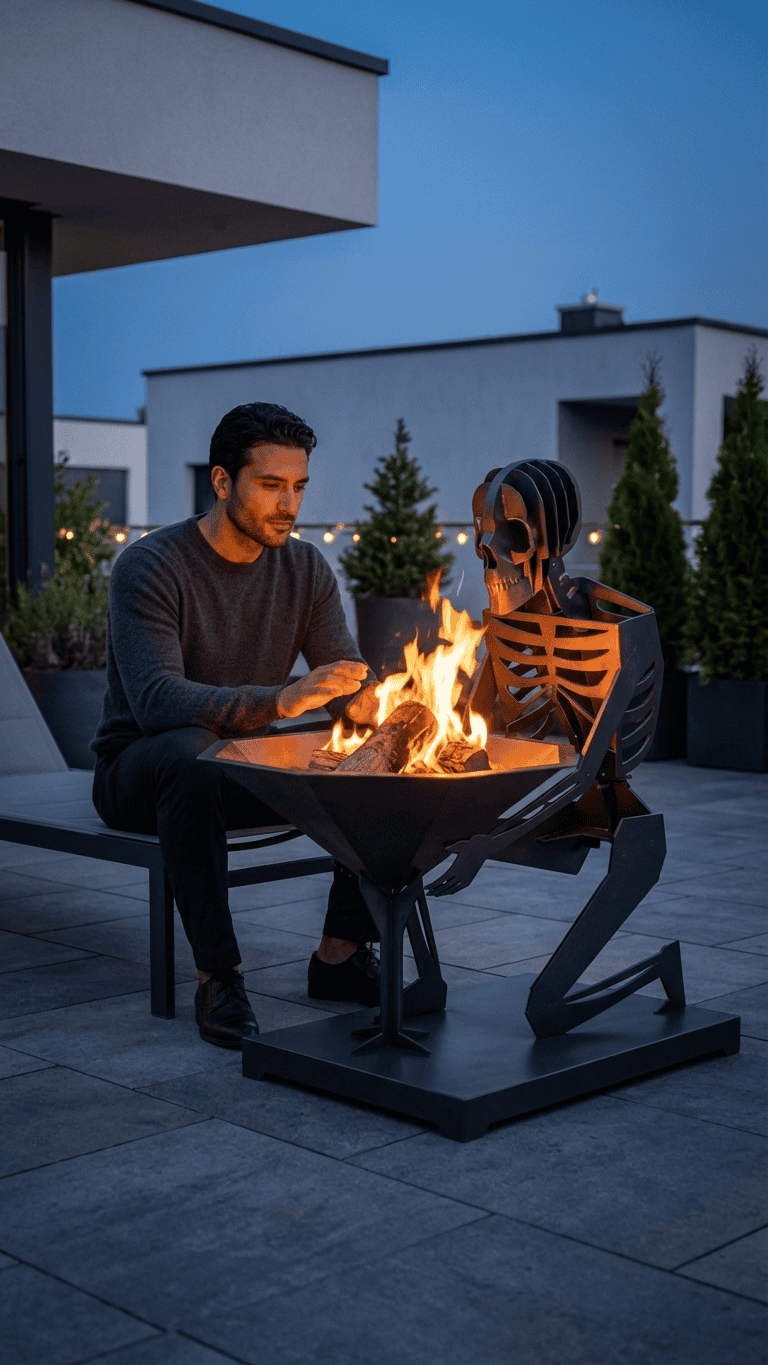 Person lighting a fire in a fire pit with a skeleton figure nearby at dusk. Luxury fire pit by veranda