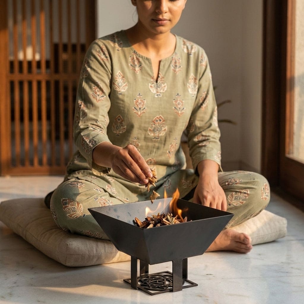 A woman sits cross-legged on cushions indoors, wearing a sage green patterned tunic and pajama set while lighting wood in a small black hawan kund with base as Shree Yantra. The room has warm natural light, a wooden slatted screen, and a light stone floor.
