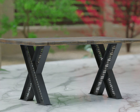 criss cross table legs with geometric pattern