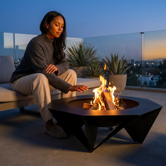 Woman sitting on a patio by a luxury fire pit at night. Veranda by metalit firepits