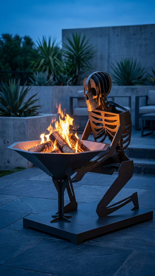 Skeleton sitting by a fire pit in an outdoor setting