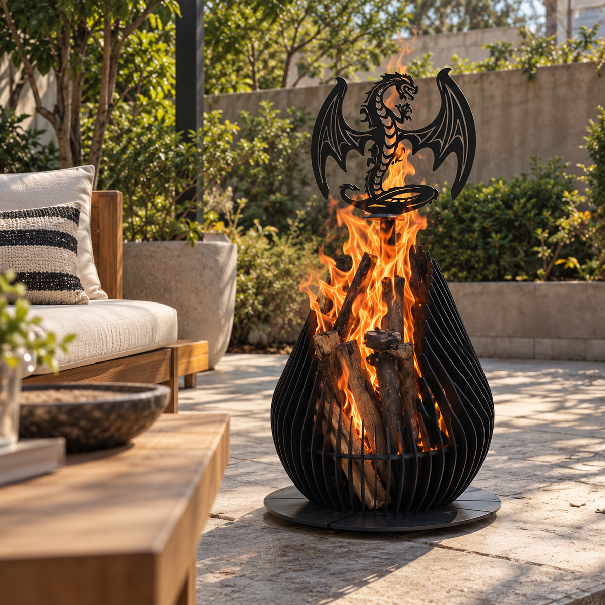 A dragon egg bonfire firepit by metalit veranda -  black metal outdoor fire pit with a dragon silhouette at the top, shown burning logs on a stone patio with a sofa and greenery in the background.