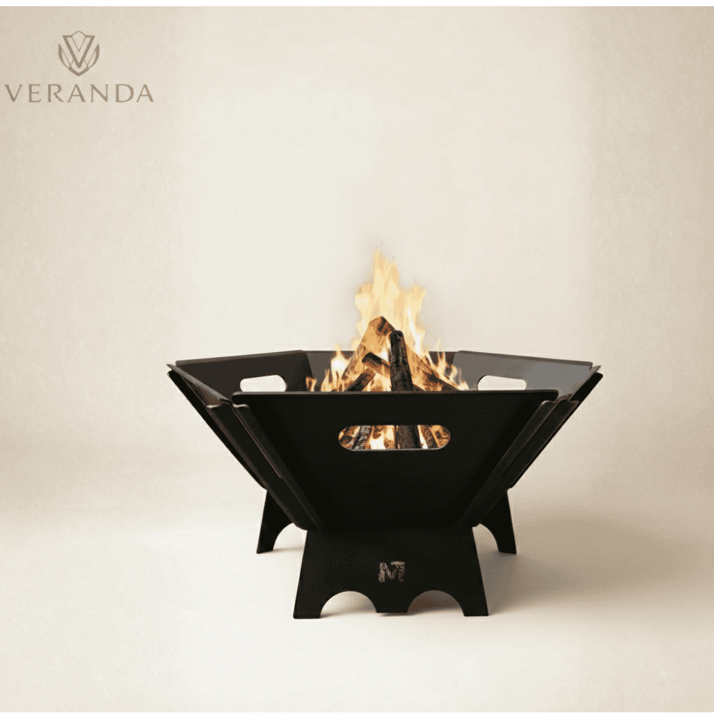 Black fire pit with flames on a beige background, featuring the Veranda brand. elegant hexa shaped bonfire and bbq firepit