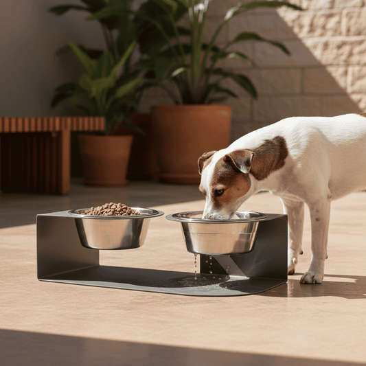 Dog drinking from a modern pet feeder on a wooden floor with plants in the background