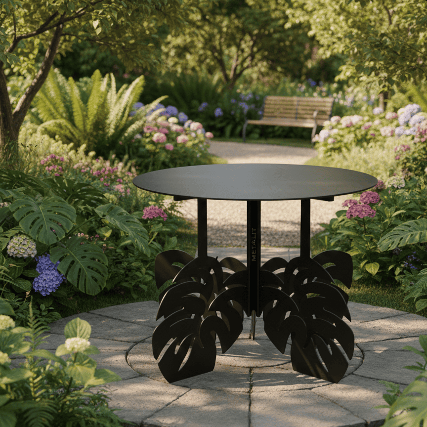 Black metal table with leaf-like base which is perfect for gardens