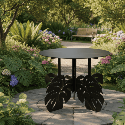 Black metal table with leaf-like base which is perfect for gardens