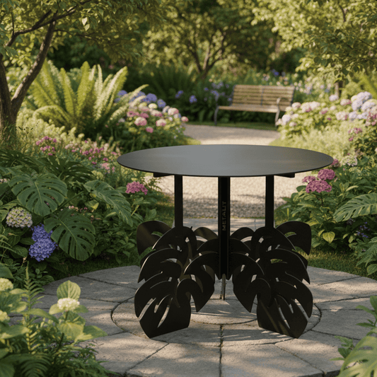 Black metal table with leaf-like base which is perfect for gardens