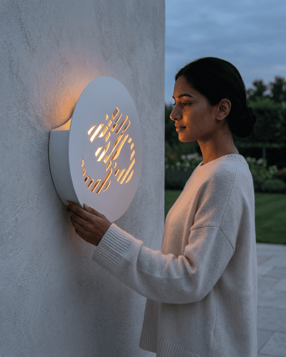 Woman interacting with a modern outdoor light fixture on a wall. OM cut fixture or luxury homes
