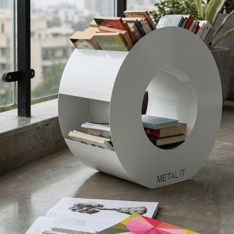 White circular bookshelf with books and a plant on a balcony with cityscape view