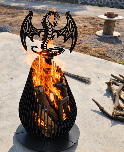 luxury firepit in black metal representing a dragon coming out of ts egg in fire