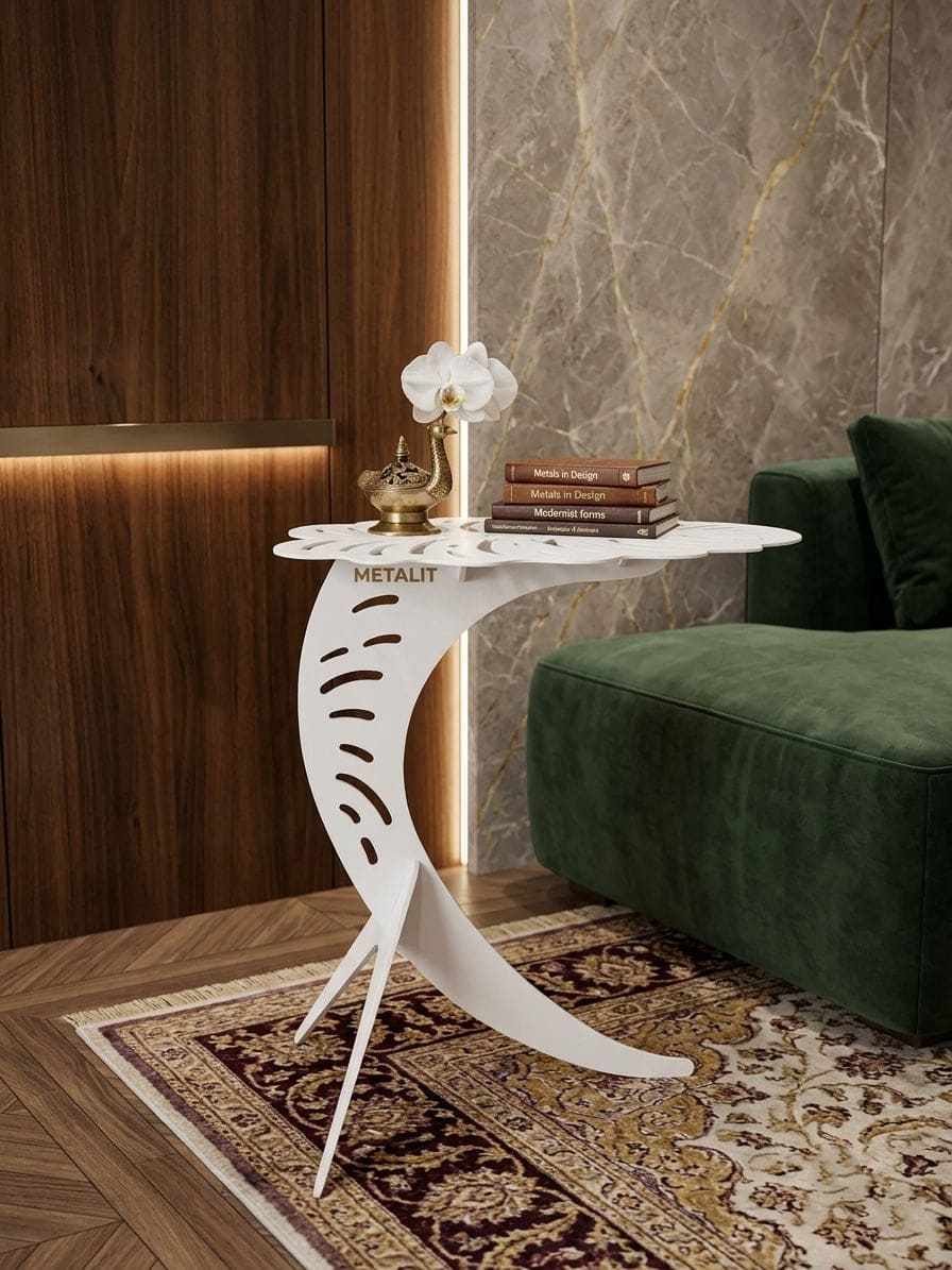 White side table with a leaf inspired top, light weight and sturdy side table for all indoor and outdoor home decor usage.