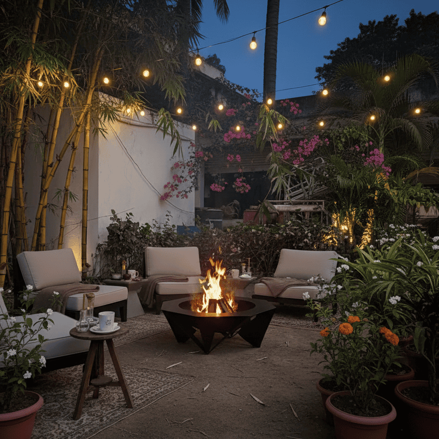 Outdoor evening setting with a fire pit, string lights, and potted plants.