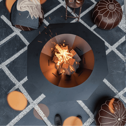 beautiful aesthetic Fire pit with flames surrounded by patterned floor and decorative items