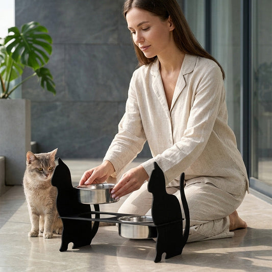 Beautiful pet bowl stand with cat shaped aesthetics for all cat owners. Luxury pet decor