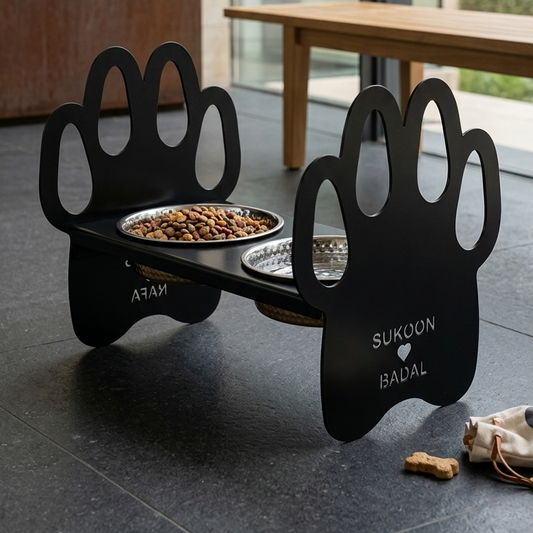 paw perfect pet bowl stand with personalised names of the dogs, artisanal pet decor
