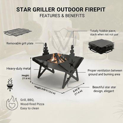 Star Griller outdoor firepit with features and benefits highlighted on a white background