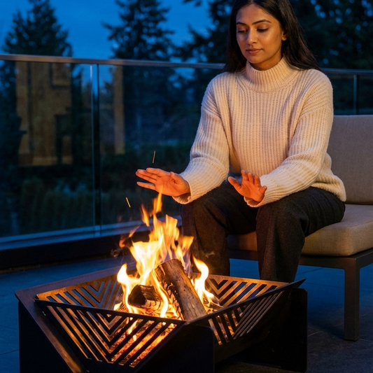 Woman sitting by a fire pit on a patio at night with trees in the background